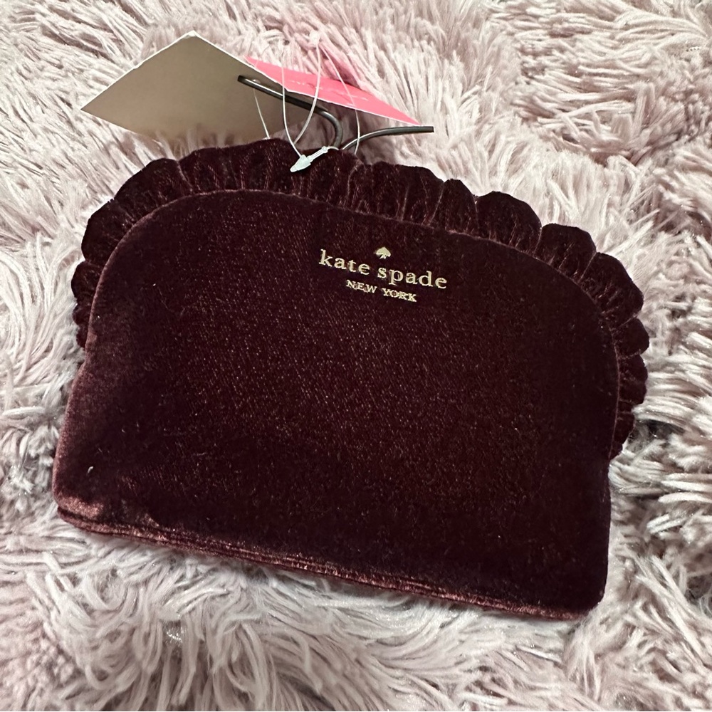 Kate Spade Small Ruffle Cosmetic Travel Bag Quilted Velvet Cherry Wood